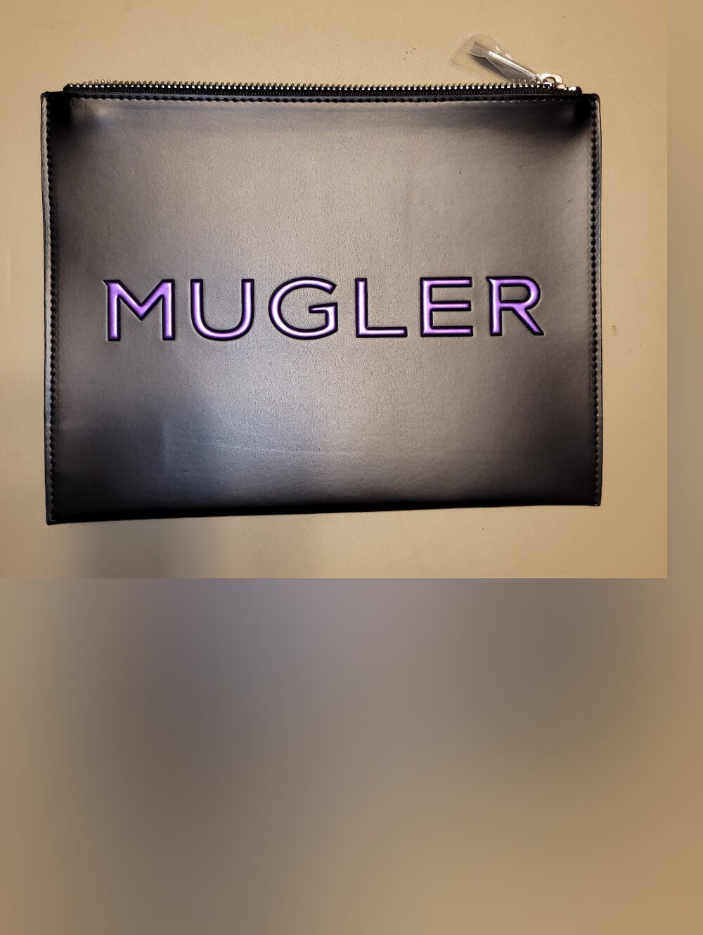 New- Mugler Black Cosmetic Pouch with Purple Logo.